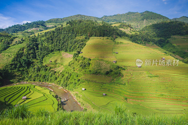 美丽的风景，绿色的稻田准备在越南西北部的梯田日落山在木仓寨，Yen Bai，越南